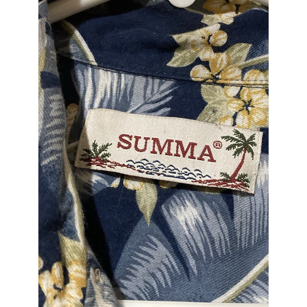 Summa Hawaiian Shirt Large Blue Tropical Floral Collar Rayon Cotton Button Down - Picture 2 of 6